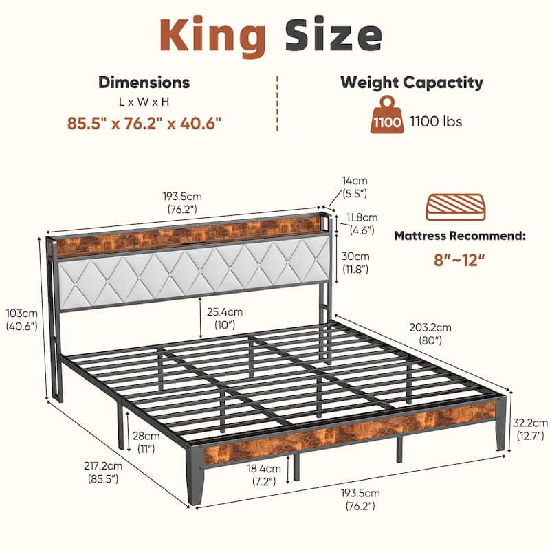 King Size Bed Frame with Charging Station and Storage Shelf, Metal Platform Bed with Headboard, No Box Spring Needed