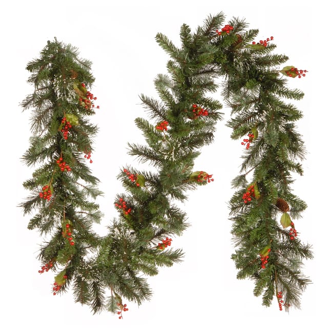 Wintry Faux Pine Pre-lit 9-foot Garland with Cones and Red Berries - Green