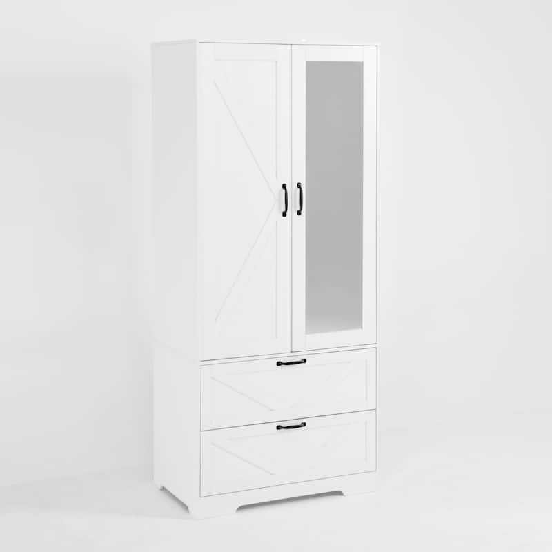 2 Door Wood Wardrobe with Hanging Clothing Rod inside the Cabinet and 2 Drawers, Multifunctional Closet with Mirror