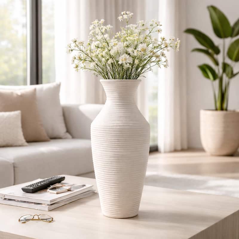 Sculptural Ribbed Paper Mache Table Vase - Stylish Tall Flower Vase