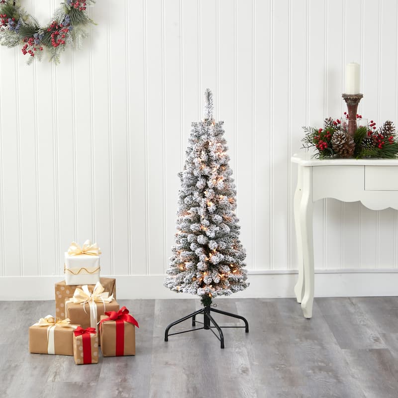 4ft. Flocked Pencil Artificial Christmas Tree with 100 Clear Lights and 216 Branches - Slim Snowy X-Mas Accent