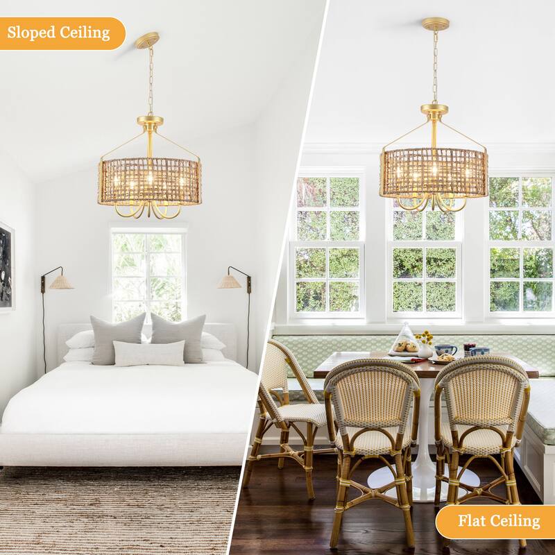 18.35inch 5 Lights Adjustable Height Bohemian Chandelier with Hand Woven Rattan Shade Suitable for Multiple Rooms