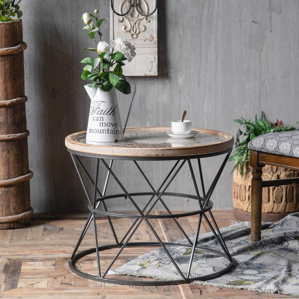 Wrought Iron Round Coffee Table with Hand-Carved Glass Top Pattern