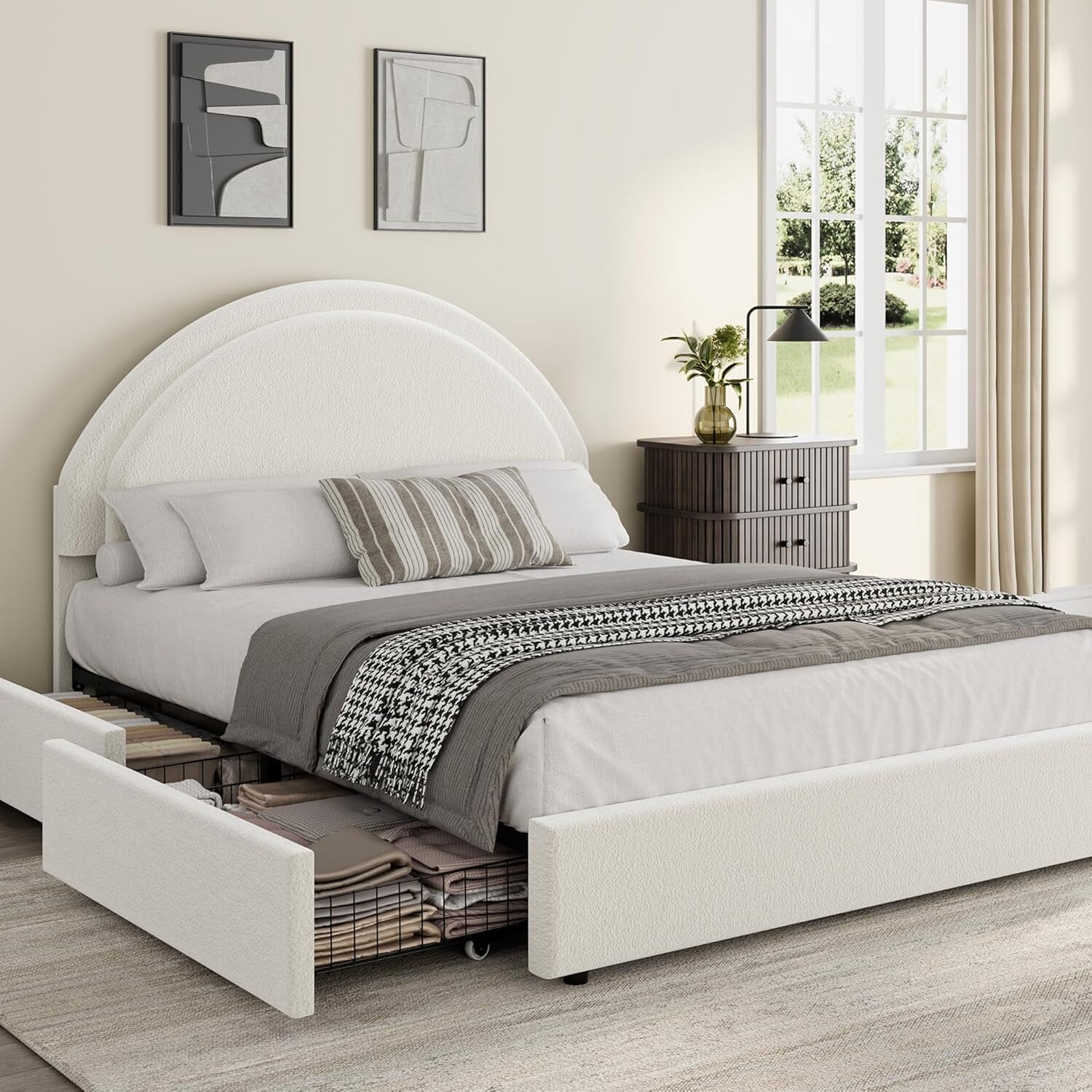 Twin Boucle Bed Frame with Storage Drawers, White Upholstered Platform Bed with Round Headboard, Noise-Free