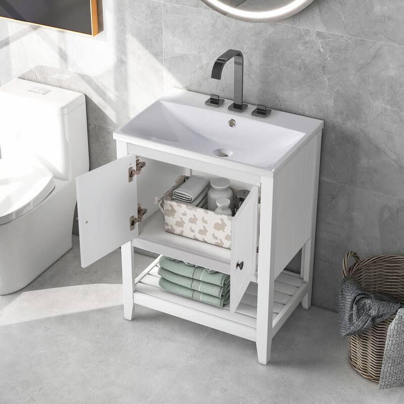 24" Bathroom Vanity with Ceramic Sink and Open Shelf