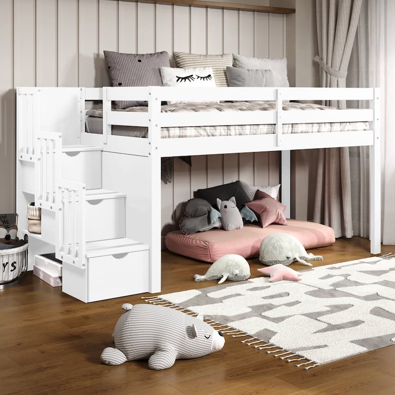 Taylor & Olive Trillium Low Loft Twin Bed with 3 Step-Stairway - Loft Bed with Stairs - White