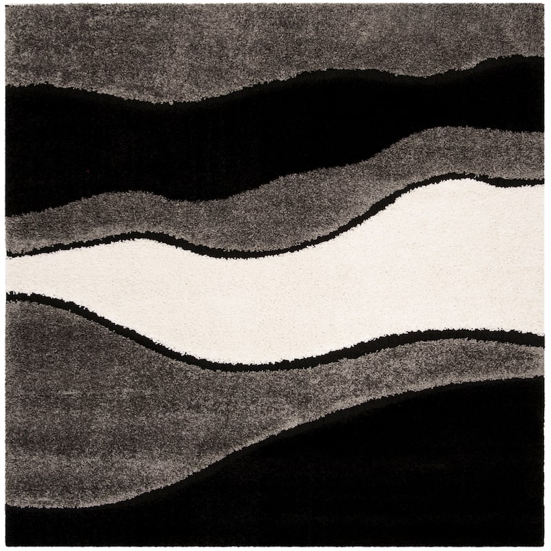 SAFAVIEH Florida Shag Melahat Abstract Wave 1.2-inch Thick Rug - 6'7" Square - Grey/Black