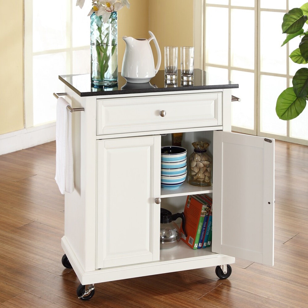 White Finish/Solid Black Granite Top Kitchen Cart/Island - On ...
