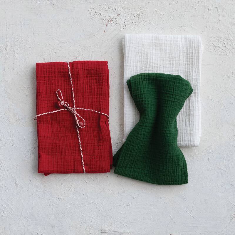 Woven Cotton Double Cloth Tea Towels with String and Bells, Set of 3 - Multi
