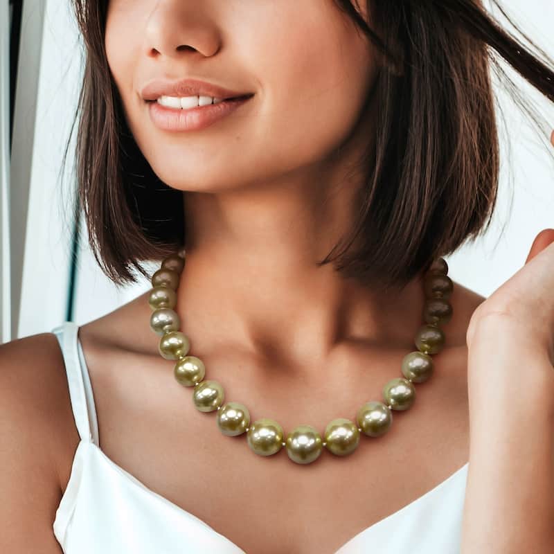 Miadora 14-17mm Cutlured Golden South Sea Pearl Graduated Diamond Accents Necklace in 18k White Gold