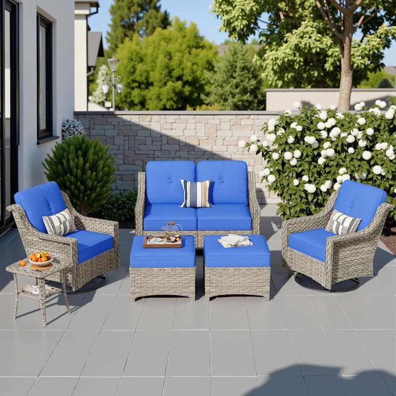 HOOOWOOO 6-piece Wicker Furniture Patio Loveseat Sofa Conversation Set with Swivel Chair