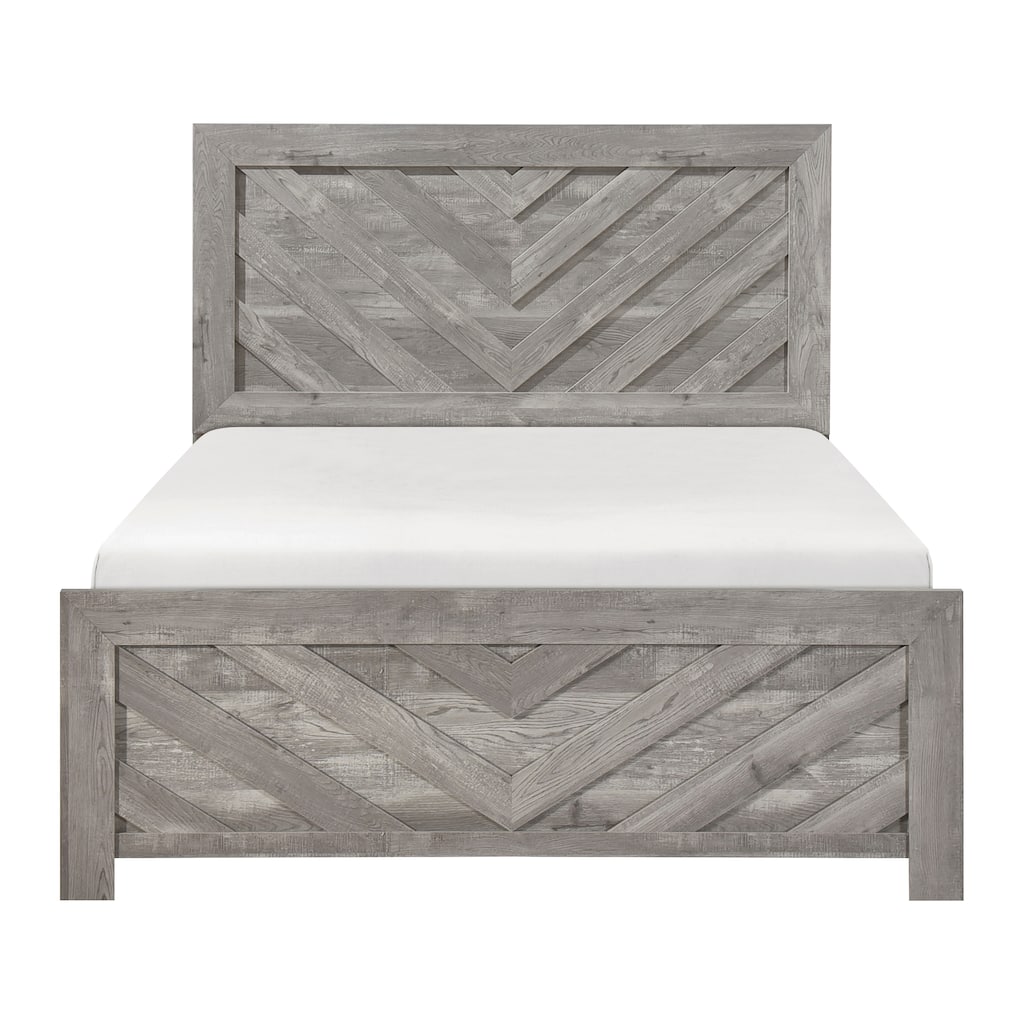 Queen Size Wood Panel Bed with V-Pattern Headboard and Contemporary Rustic Style