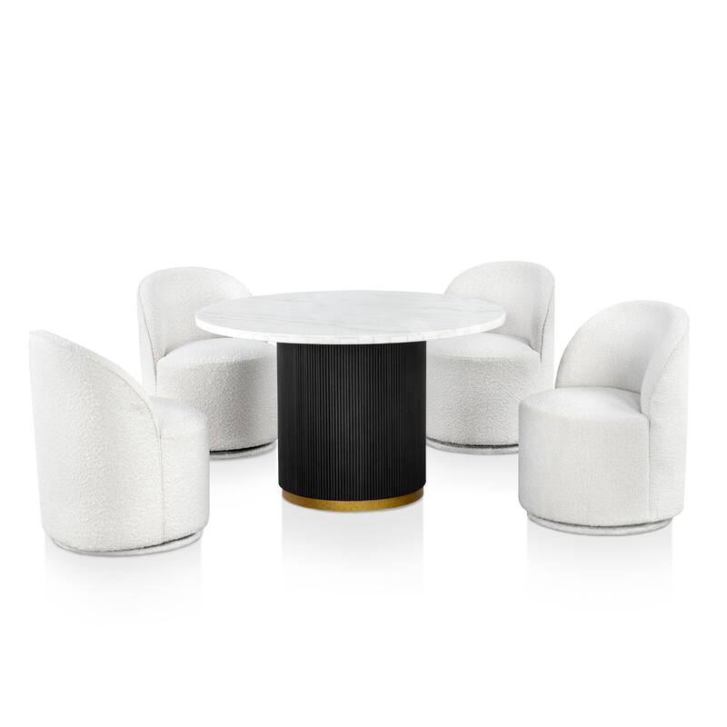 Furniture of America Torin Modern 5-Piece White Marble Top Round Dining Set with Swivel Chairs