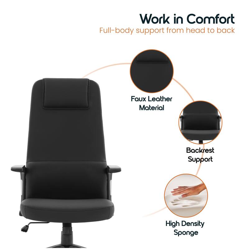 Nexa Ergonomic Leather/Polyester High-Back Office Chair with Padded Headrest, Adjustable Height, Swivel, and Smooth Casters