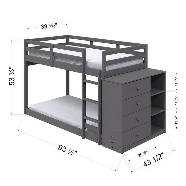 Twin over Twin Solid Wood Bunk Bed with Cabinet & Fence