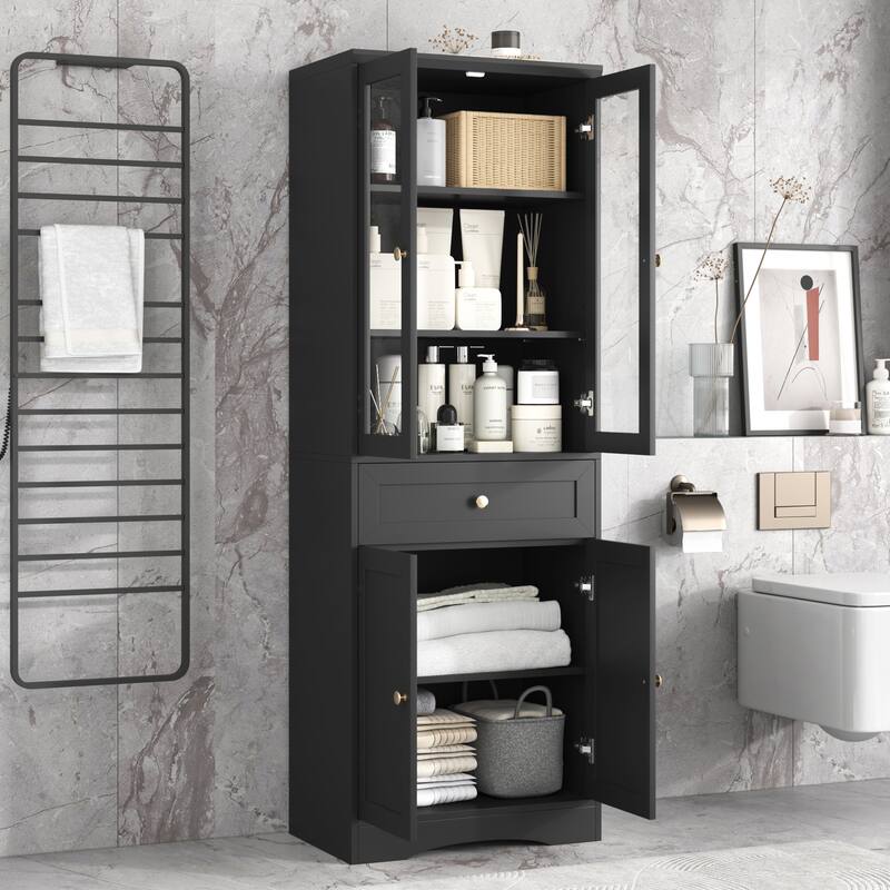 Bathroom Storage Cabinet with Glass Doors and Adjustable Shelves, Tall Pantry Cabinet with Drawer and Enclosed Storage - Black