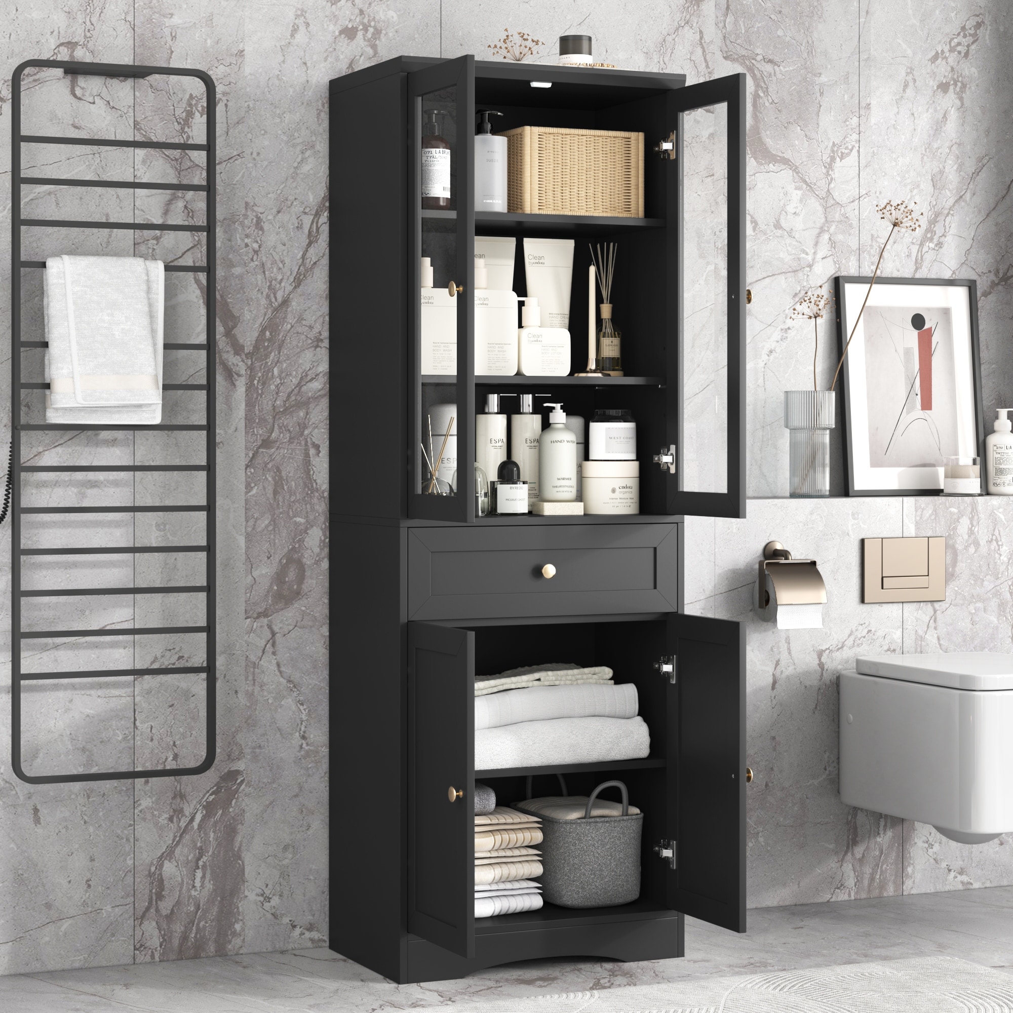 Tall Storage Cabinet with Glass Doors and Adjustable Shelves Black