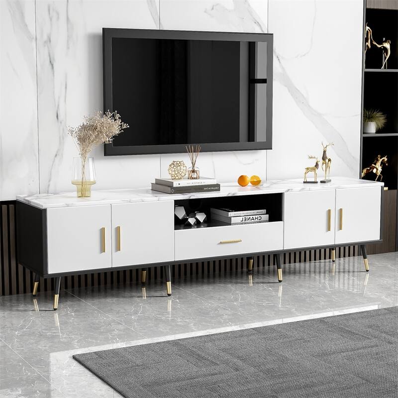 71" Modern TV Stand with 2 Cabinets and Open Compartments - White