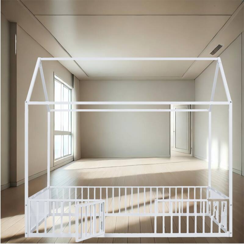 Creative House Design Twin/Full Size Metal Bed with Guardrails and Playful Fence - Ideal for Kids' Bedroom - White - Full