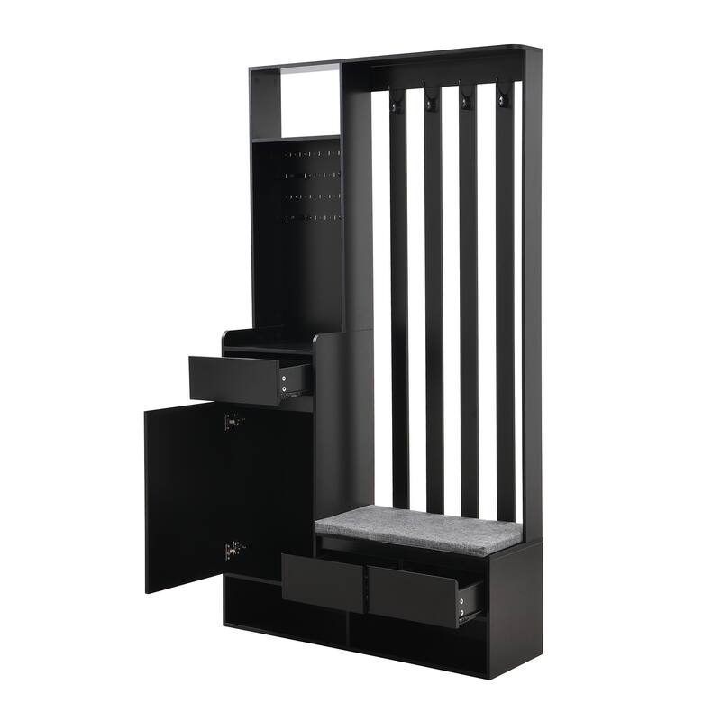 All-in-One Entryway Hall Tree with Coat Rack, Storage Bench and Shoe Cabinet, 4 Hooks, 2 Drawers for Foyer or Apartment