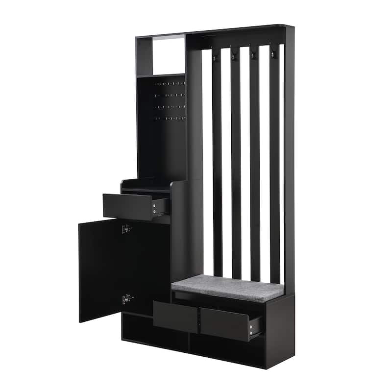 Roomfitters Modern Hall Tree with Storage Bench, Multifunctional Mudroom Cabinet with Pegboard and 4 Hooks
