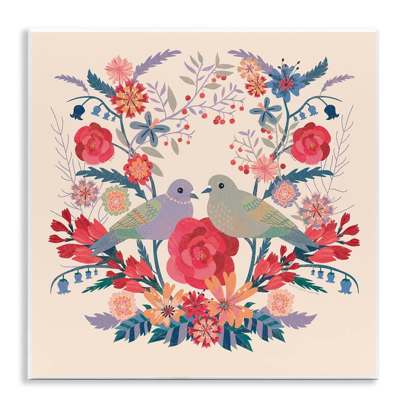 Stupell Symmetrical Folk Flowers & Birds Wall Plaque Art Design By Verbrugge Watercolor - 12 x 12