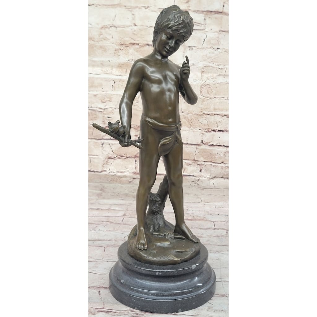 Little Boy Holding A Stick With Birds - Clical Bronze Sculpture By Auguste Moreau