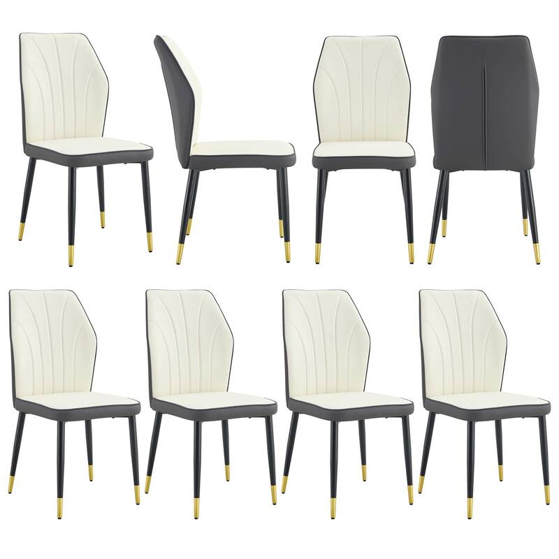 Modern Dining Chairs w/ Stylish PU Patterned Backrest & Black Metal Legs - Set of 8 - White+Gray