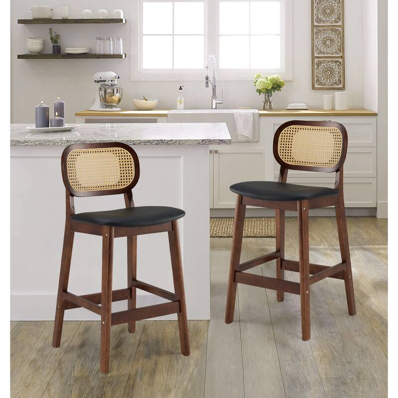 Wood Upholstered Counter Height Bar Stools with Rattan Back - 36.81"H x 17.72"W x 18.7"D