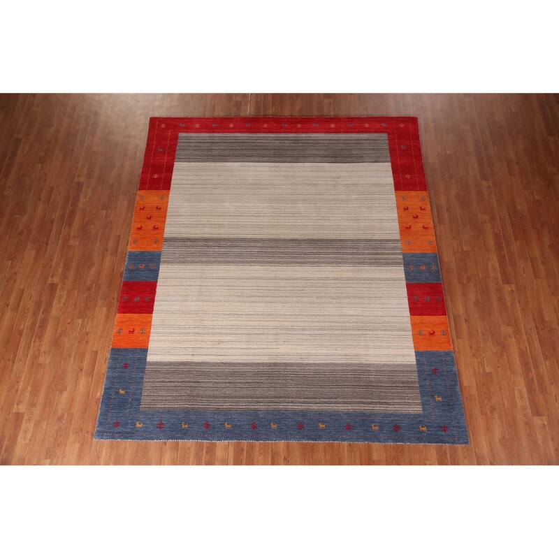Striped Gabbeh Indian Area Rug Hand-Knotted Wool Carpet - 8'2" x 9'7"