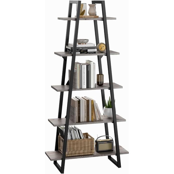 5-Tier Metal Ladder Bookshelf, Rustic Bookcase with Open Display Shelves