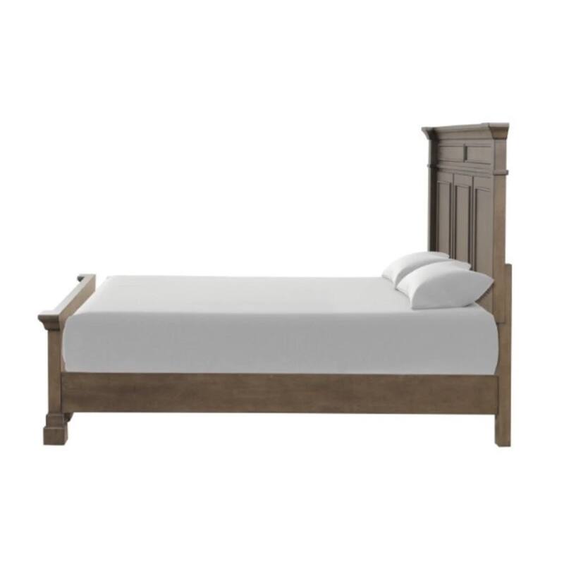 Huder King Bed, Dark Walnut Brown Solid Pine Wood, Classic Panel Moldings