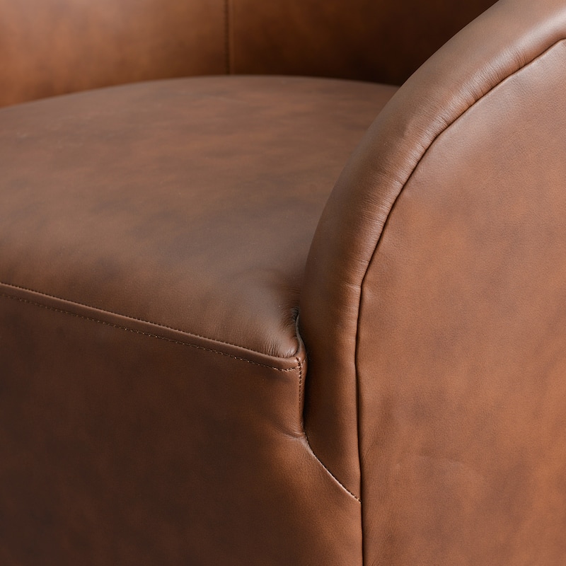KINWELL 32"W Top Grain Genuine Leather Swivel Barrel Armchair