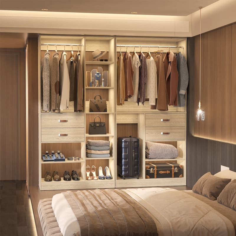Rackcog Freestanding Closet Organizer with Hanging Rod, Closet System Wardrobe with Wood Drawers