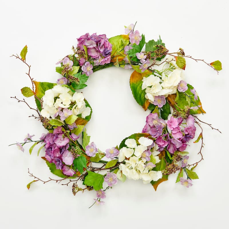 24" Purple and White Artificial Hydrangea Flower and Seed Wreath - 24