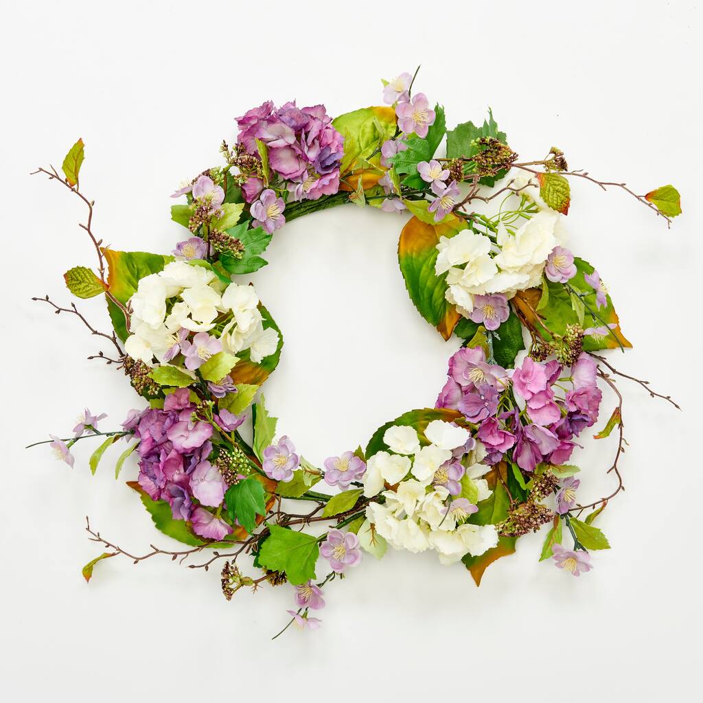 24" Purple and White Artificial Hydrangea Flower and Seed Wreath - 24