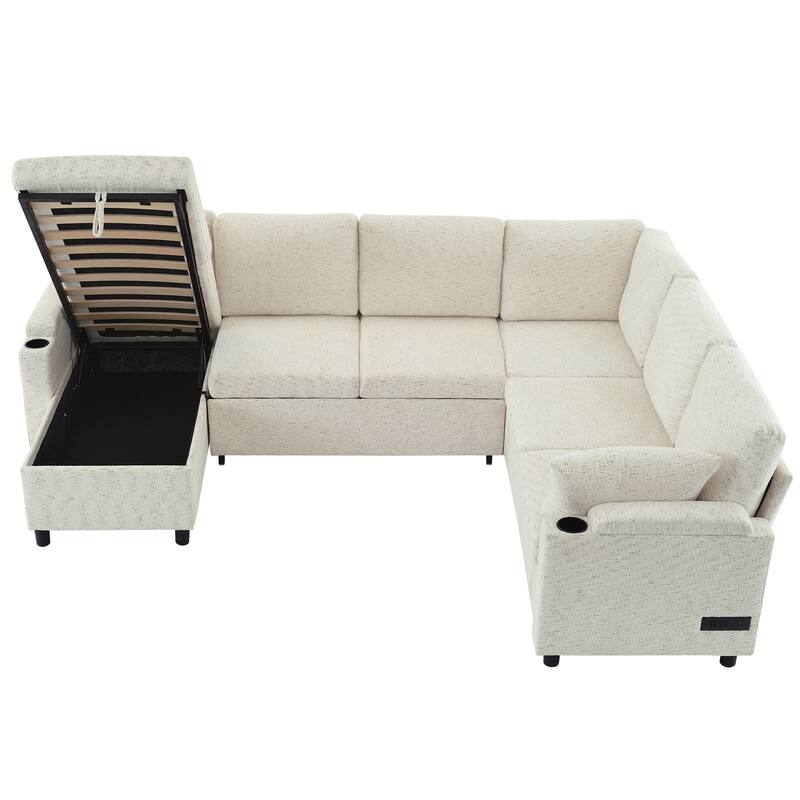U-Shaped Chenille Sectional Sofa with Storage Chaise Lounge, Convertible Sleeper Sofa Bed with Cup Holders & Charging Ports