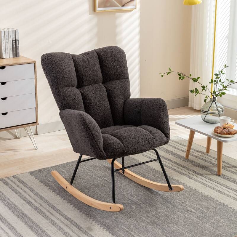 Dark Gray Teddy Modern 31.5" High Back Upholstered Buttons Tufted Rocking Chair with Solid Wood Legs and Black Paint Metal Base - Dark Gray Teddy