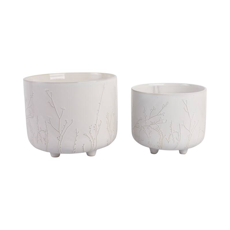 Stoneware Ceramic Planter Raised Botanical Relief Design Tripod Base - 11" x 11" x 9"