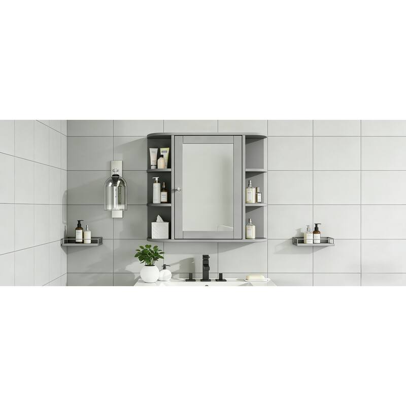 Bathroom Wall Storage Cabinet with Mirror, with Adjustable Wood Shelf & Doors, Mounted Storage Cabinets with 6 Open Shelves