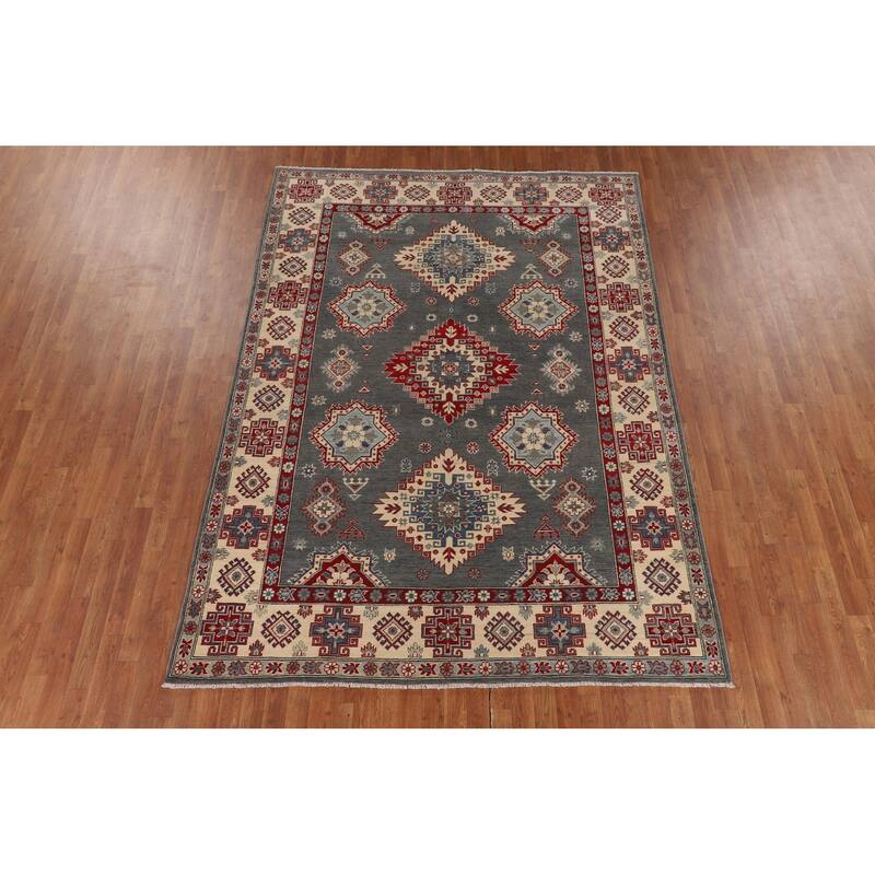 Hand Knotted Oriental 100% Wool Carpet Traditional Geometric Greys & Charcoal Kazak Area Rug - 9' 6'' X 6' 11''