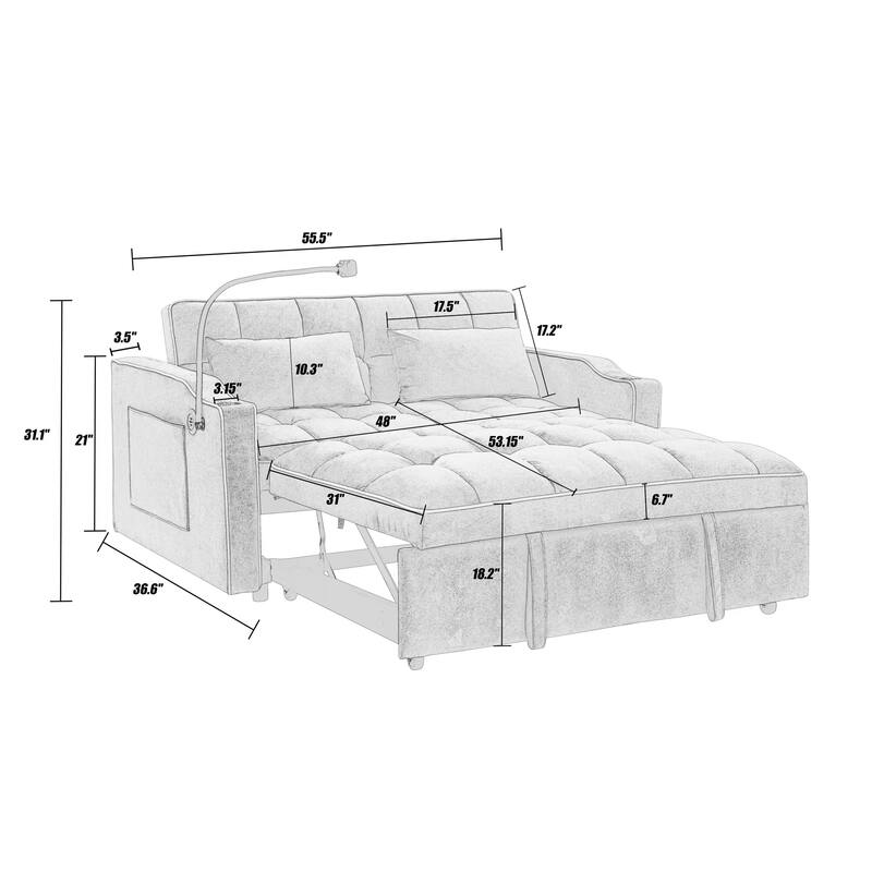 55.51 inch versatile foldable sofa bed, adjustable back, USB port, swivel phone stand (Beige)