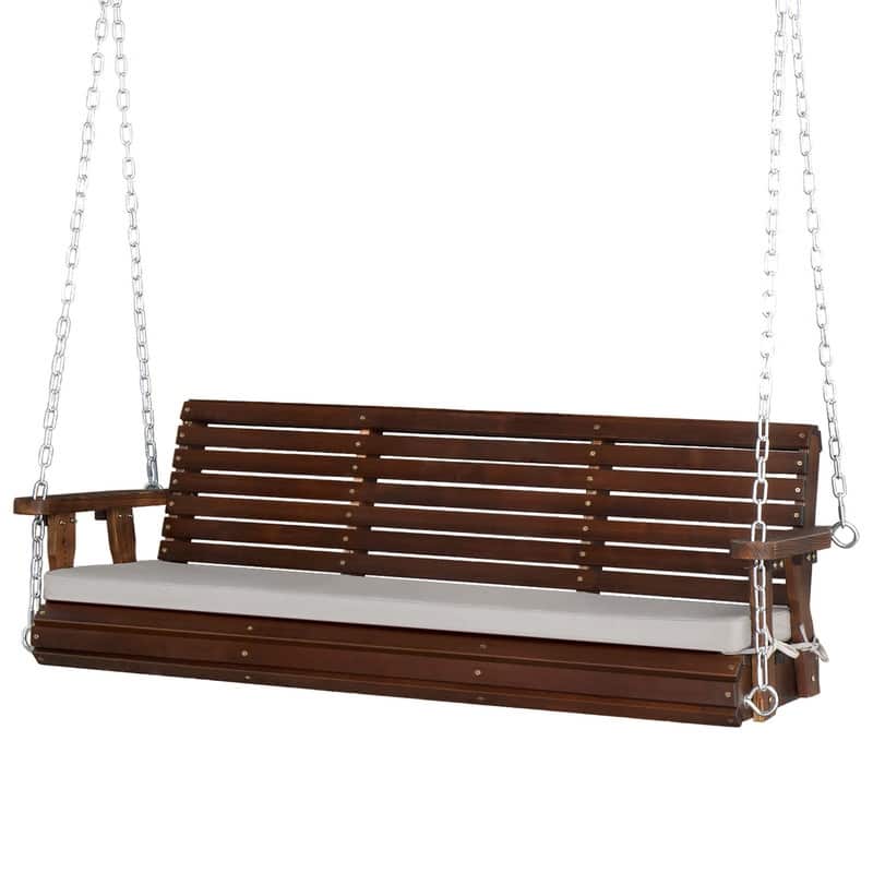 5 ft. 3-Person Wood Outdoor Porch Swing with Cushion - N/A - Brown