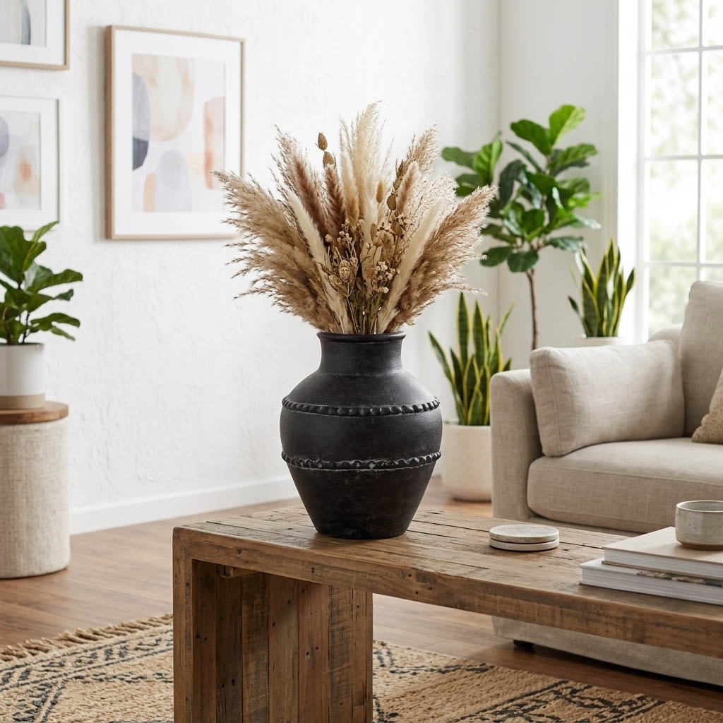 Decorative Vase - Black Ceramic Etched Bands Classic, 12 in.