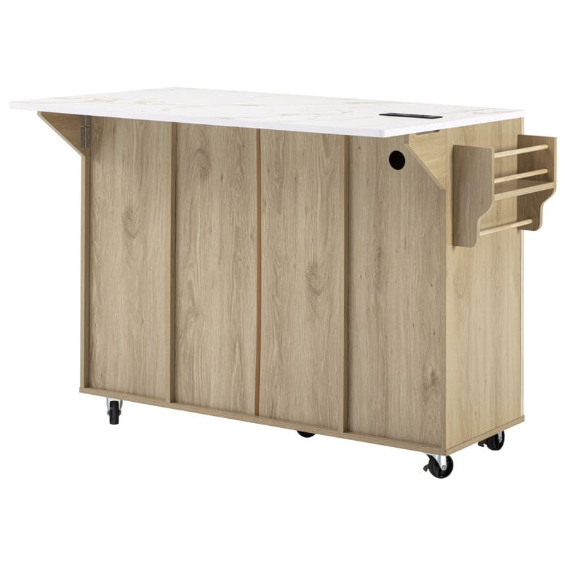 Fluted 55.5" Kitchen Island with Drop Leaf, Rolling Island Table with Drawers, Power Outlet for Functional Kitchen Organization