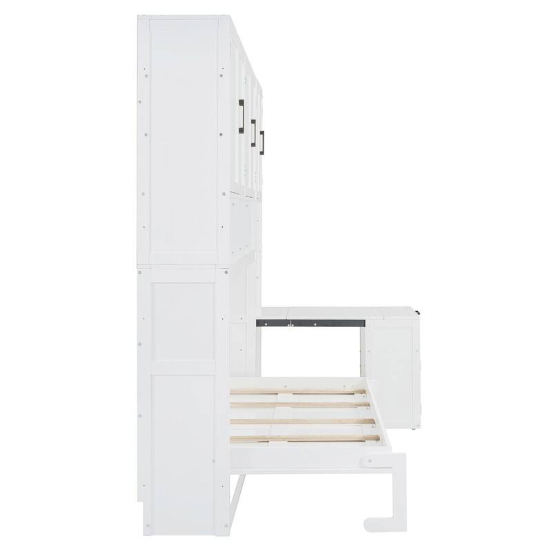Twin Size Murphy Bed with Closet, Desk and Storage Shelves, Space Saving Design Murphy Bed Cabinet with Open Storage