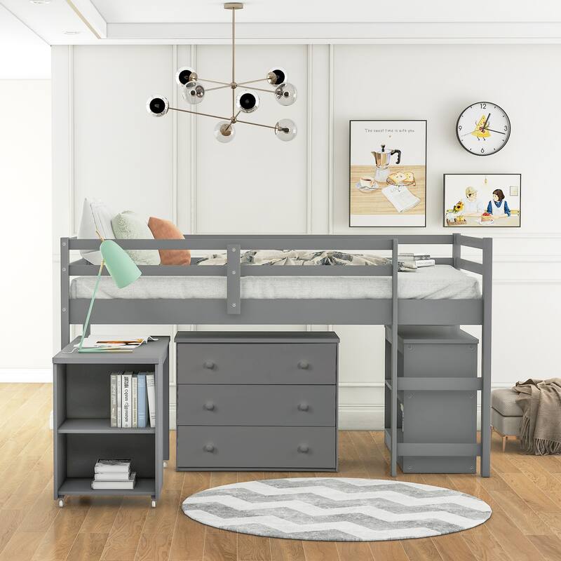 Gray Multiple Functions Twin Low Loft Bed with Cabinet, Shelves and Rolling Portable Desk