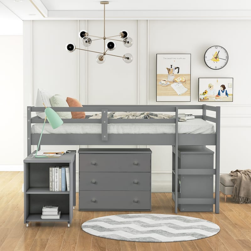 Low Loft Bed with Cabinet Shelves and Rolling Portable Desk