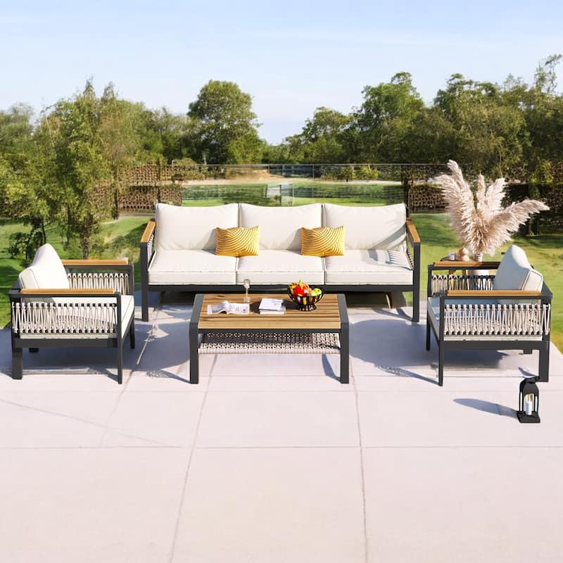 4-Piece Outdoor Sectional Sofa Set - Patio Furniture with Cushions and Woven Rope Detailing for Garden, Balcony, or Patio - Beige