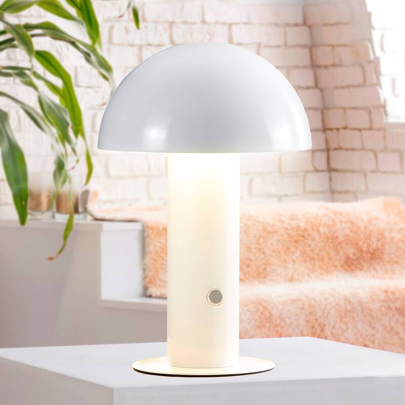 Porcini 10.75" Contemporary Bohemian Rechargeable/Cordless Iron Integrated LED Mushroom Table Lamp, by JONATHAN Y